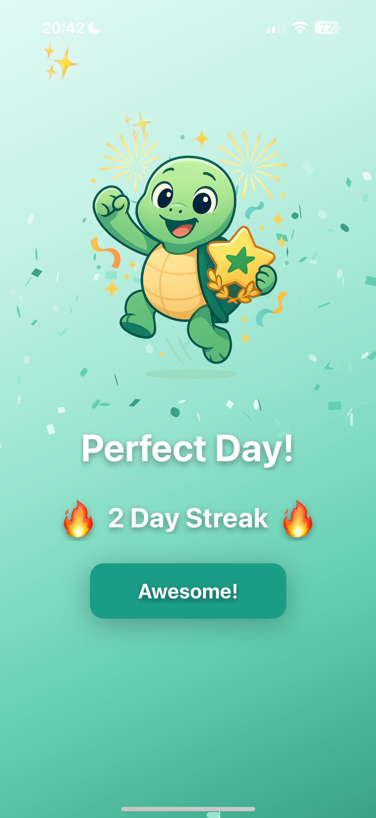 Habitao Perfect Day celebration screen with Tao the turtle