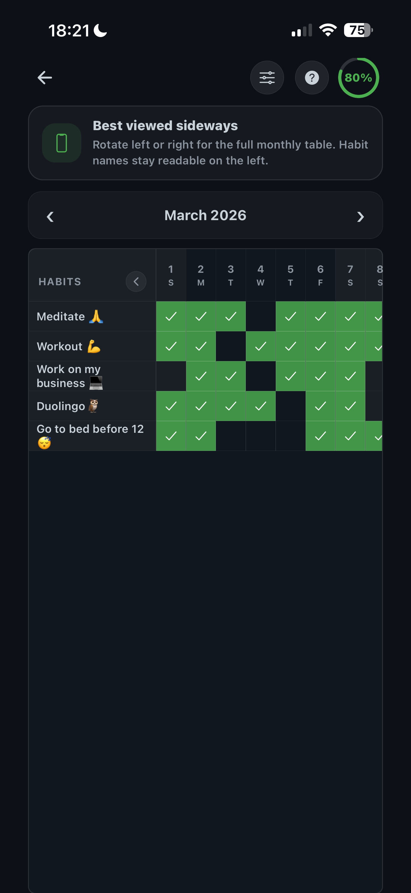 Habitao monthly matrix in vertical mode