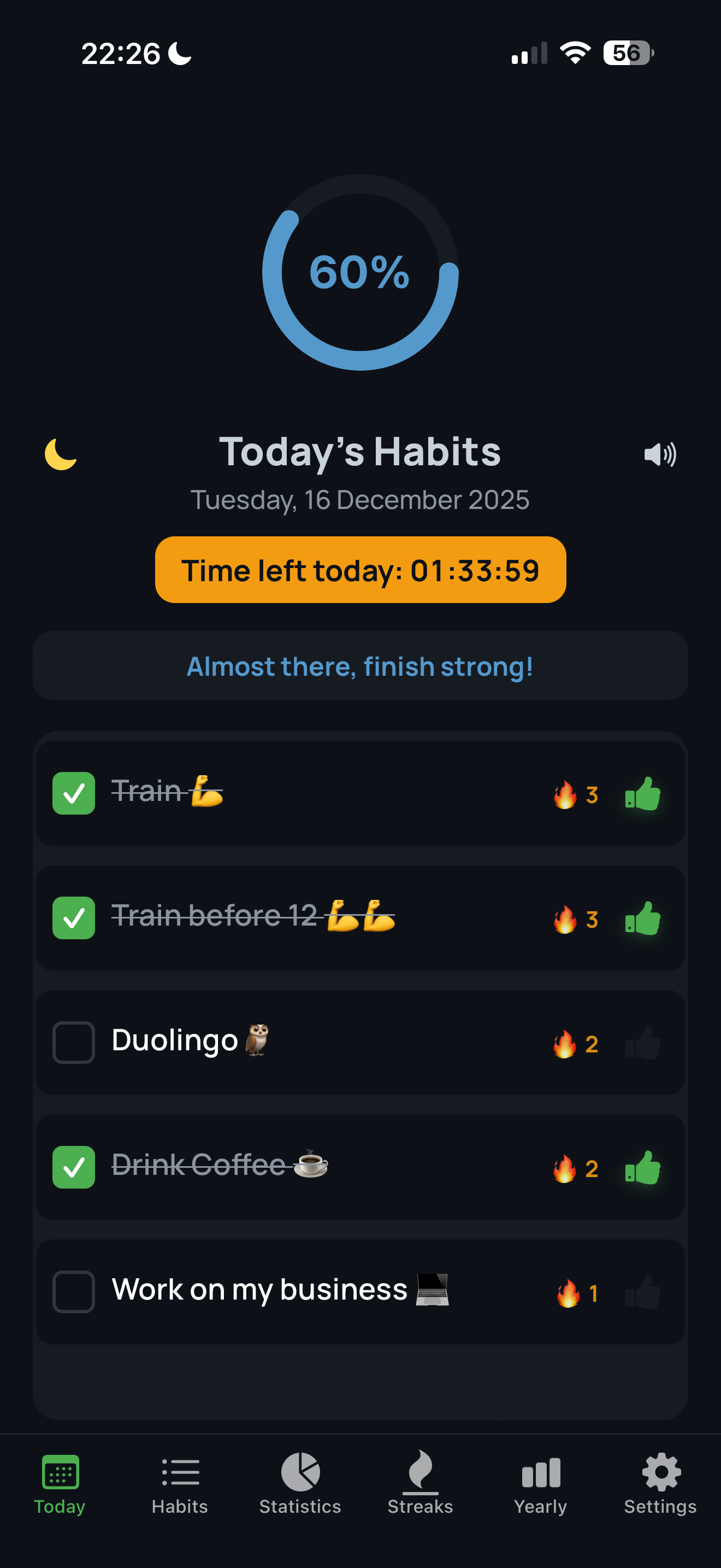 Habitao Today screen with focused daily habits
